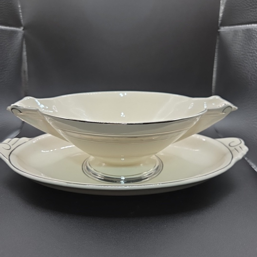 Canonsburg Pottery Westchester Gravy Boat Underplate Set Silver Trim Ivory MCM